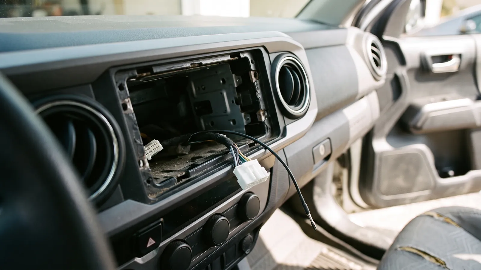 An empty double DIN dash opening in a car interior with the factory radio removed, the wiring connector and antenna lead resting in the cavity.